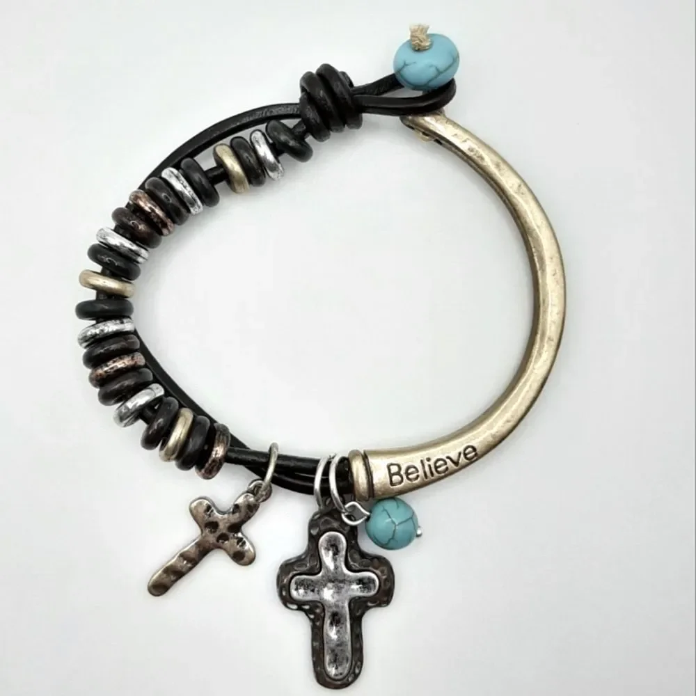 Cross Believe Cord Beaded Mixed Metas Bracelet New - Picture 1 of 3